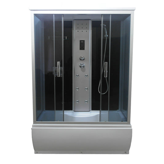 Masážní sprchový box 120x85x215 cm – sprchový kout s 6 tryskami, tropickou sprchou, rádiem, ventilátorem a LED osvětlením | Černé tvrzené sklo, posuvné dveře, akrylátová vanička se sedátkem

