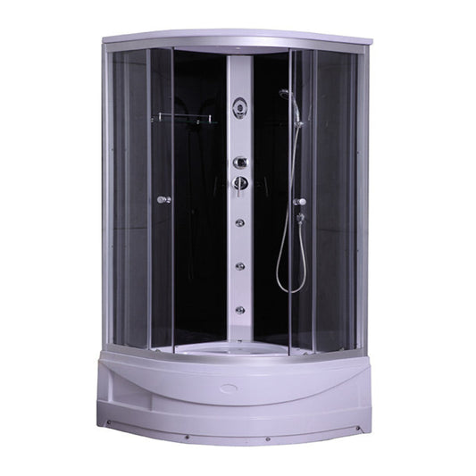 Čtvrtkruhový masážní sprchový box sklo 90x90 cm s posuvnými dveřmi, 3 tryskami, rádiem, ventilátorem a tropickou sprchou – luxusní moderní sprchový kout s tvrzeným bezpečnostním sklem a integrovaným sedátkem