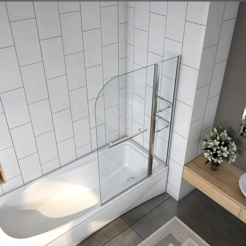 Vanová zástěna otočná, chromová, 2-dílná, 6mm NANO čiré sklo, věšák na ručník, skleněné poličky, vzpěra, Výška 140cm