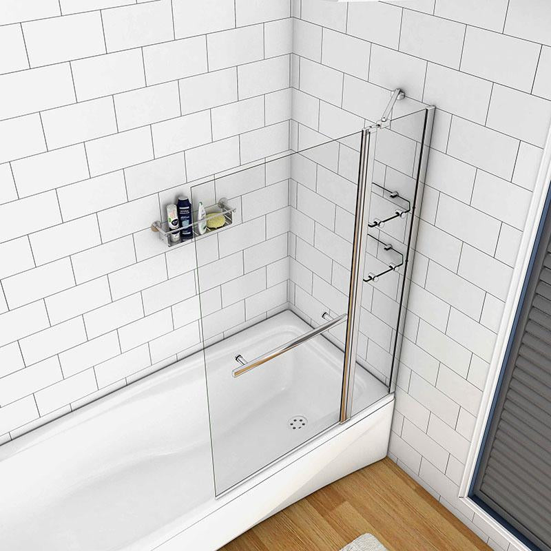 AICA Vanová zástěna otočná V2S-HCF70 - moderní chromová skleněná přepážka do vany 100-120cm s věšákem na ručník, 2 skleněnými poličkami a vzpěrou. 6mm NANO čiré bezpečnostní sklo EasyClean, otočná 180°, vhodná pro malé i velké koupelny.