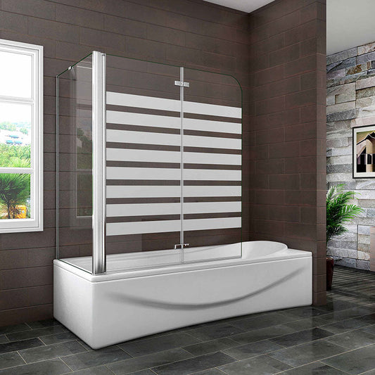 AICA vanová zástěna skládací VS2E-12YSPVS – 2-dílná NANO 6mm vzorované sklo s bočním panelem (70/75/80x140 cm), chrom, leštěný hliník. Rozměry 120x140 cm, EasyClean ESG, otočná vzpěra, levá/pravá montáž. Bezpečnostní skleněná zástěna do vany s těsněním a lištou.