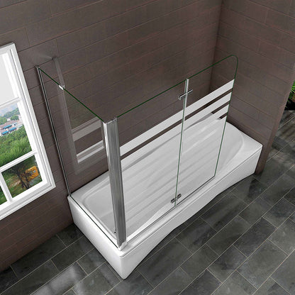 AICA vanová zástěna skládací VS2E-12YSPVS – 2-dílná NANO 6mm vzorované sklo s bočním panelem (70/75/80x140 cm), chrom, leštěný hliník. Rozměry 120x140 cm, EasyClean ESG, otočná vzpěra, levá/pravá montáž. Bezpečnostní skleněná zástěna do vany s těsněním a lištou.