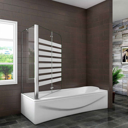 AICA vanová zástěna skládací VS2E-12YSPVS – 2-dílná NANO 6mm vzorované sklo s bočním panelem (70/75/80x140 cm), chrom, leštěný hliník. Rozměry 120x140 cm, EasyClean ESG, otočná vzpěra, levá/pravá montáž. Bezpečnostní skleněná zástěna do vany s těsněním a lištou.