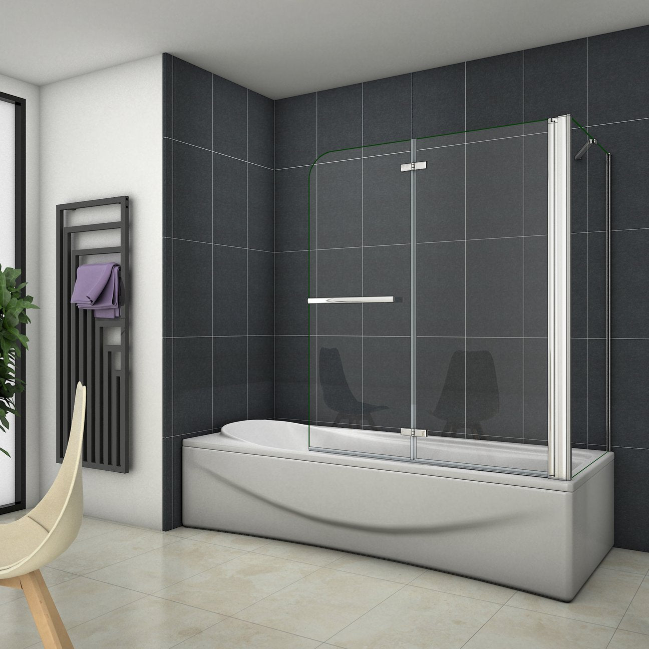 AICA Vanová zástěna skládací VS2E-HSPVS, 2-dílná (95-120cm), boční panel, NANO 6mm čiré sklo EasyClean, chrom, věšák na ručník, bezpečnostní sklo, hliníková konstrukce, moderní zástěna do vany, univerzální montáž (levá/pravá)