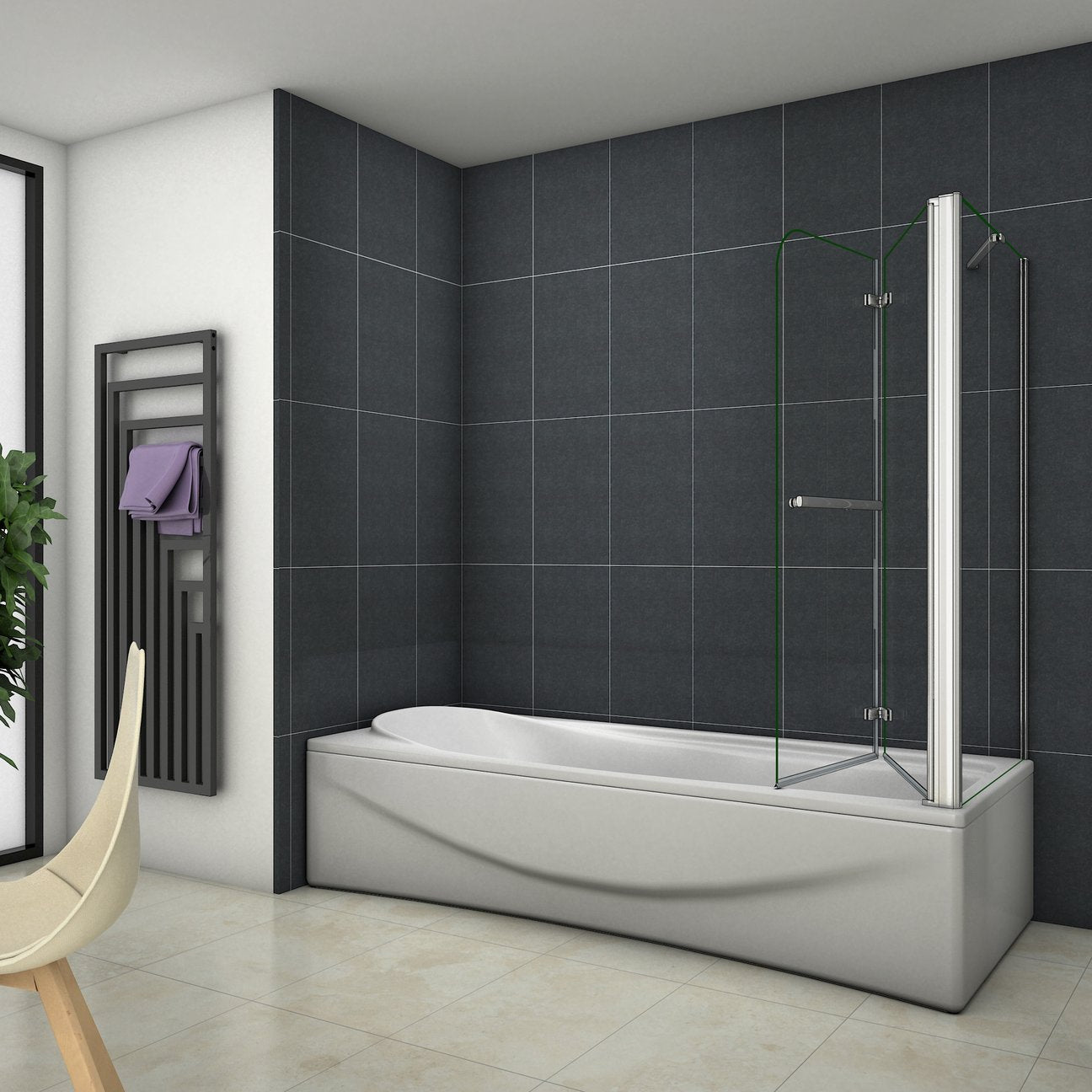 AICA Vanová zástěna skládací VS2E-HSPVS, 2-dílná (95-120cm), boční panel, NANO 6mm čiré sklo EasyClean, chrom, věšák na ručník, bezpečnostní sklo, hliníková konstrukce, moderní zástěna do vany, univerzální montáž (levá/pravá)