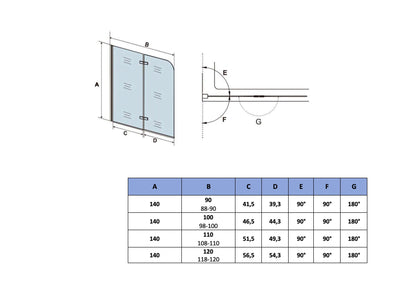 AICA Vanová zástěna skládací VS2E chrom, 6mm NANO čiré bezpečnostní sklo EasyClean, rozměry 90-120cm x 140cm, sklopná vanová zástěna dovnitř/ven, leštěný hliníkový profil proti korozi, univerzální montáž na levou/pravou stranu, dodáváno s lištou a těsněním