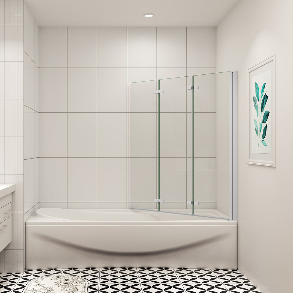 AICA Vanová zástěna skládací VS3E-13-M, 130x140 cm - 3-dílná otočná sprchová zástěna s 6mm nano bezpečnostním sklem EasyClean ESG. Matná šedá barva, montáž levá/pravá, leštěný hliníkový profil odolný proti korozi, zinkové panty pro dlouhou životnost.