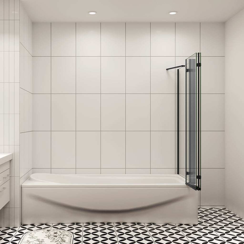 Moderní skládací vanová zástěna v černé barvě s NANO sklem EasyClean pro snadnou údržbu. 3-dílný systém s bočním panelem (možnost volby rozměrů 70/75/80 cm) zajistí dokonalou ochranu proti stříkající vodě.