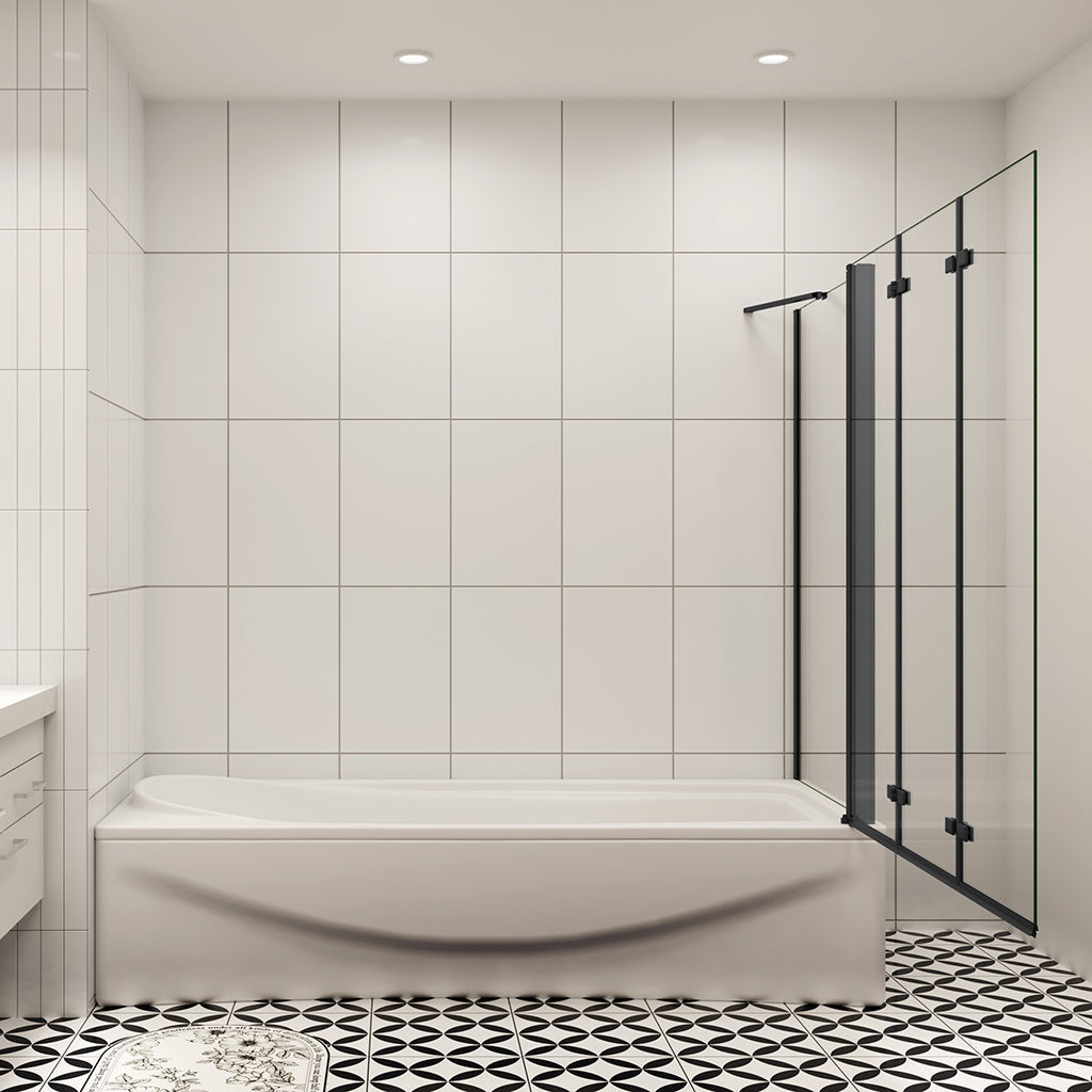 Moderní skládací vanová zástěna v černé barvě s NANO sklem EasyClean pro snadnou údržbu. 3-dílný systém s bočním panelem (možnost volby rozměrů 70/75/80 cm) zajistí dokonalou ochranu proti stříkající vodě.