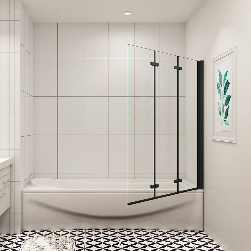 AICA vanová zástěna skládací černá – 3-dílná sprchová zástěna s 6mm NANO sklem, rozměr 130x140 cm, leštěný hliníkový rám, univerzální montáž (levá/pravá), sklopná konstrukce, těsnění proti úniku vody, moderní koupelnový doplněk