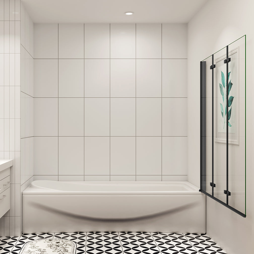 AICA vanová zástěna skládací černá – 3-dílná sprchová zástěna s 6mm NANO sklem, rozměr 130x140 cm, leštěný hliníkový rám, univerzální montáž (levá/pravá), sklopná konstrukce, těsnění proti úniku vody, moderní koupelnový doplněk