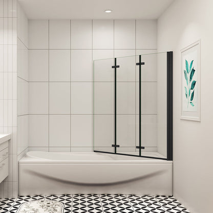 AICA vanová zástěna skládací černá – 3-dílná sprchová zástěna s 6mm NANO sklem, rozměr 130x140 cm, leštěný hliníkový rám, univerzální montáž (levá/pravá), sklopná konstrukce, těsnění proti úniku vody, moderní koupelnový doplněk