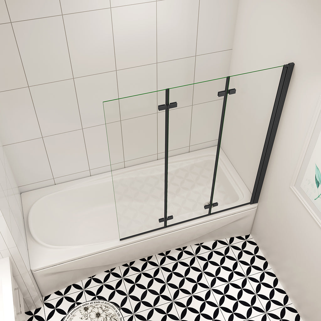 AICA vanová zástěna skládací černá – 3-dílná sprchová zástěna s 6mm NANO sklem, rozměr 130x140 cm, leštěný hliníkový rám, univerzální montáž (levá/pravá), sklopná konstrukce, těsnění proti úniku vody, moderní koupelnový doplněk