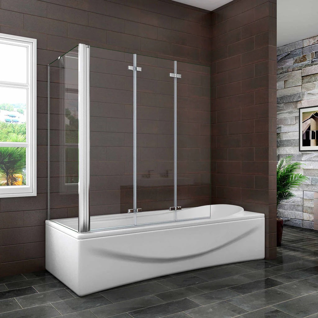 AICA vanová zástěna skládací VS3E-13SPVS2E, 3-dílná chrom s bočním panelem, NANO 6mm čiré sklo EasyClean, rozměry 130x140 cm, otočná montáž (doleva/doprava), bezpečnostní sklo, moderní zástěna do vany, vzpěra 600mm, česká koupelna