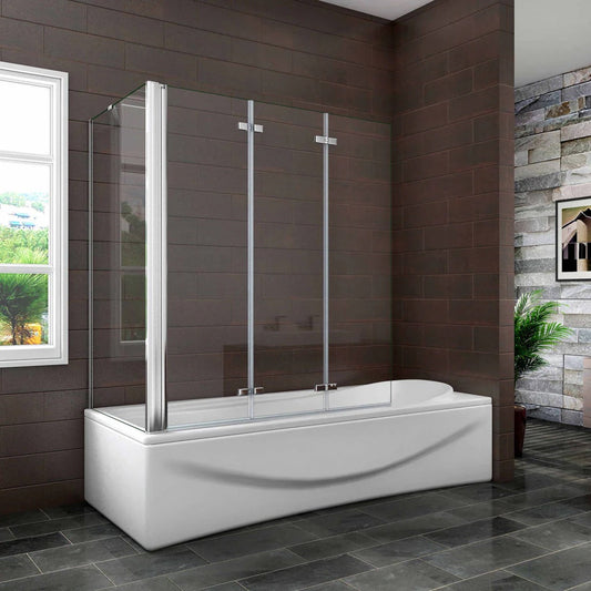 AICA vanová zástěna skládací VS3E-13SPVS2E, 3-dílná chrom s bočním panelem, NANO 6mm čiré sklo EasyClean, rozměry 130x140 cm, otočná montáž (doleva/doprava), bezpečnostní sklo, moderní zástěna do vany, vzpěra 600mm, česká koupelna