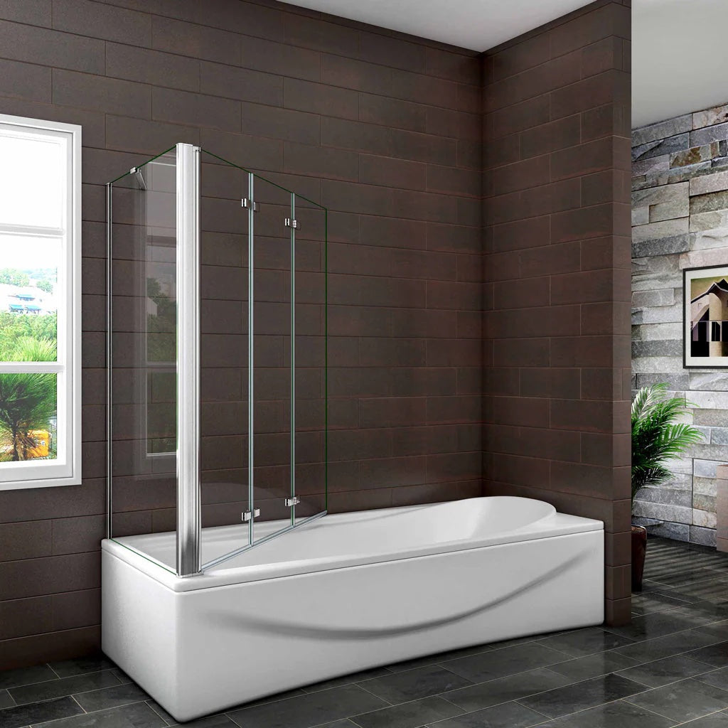 AICA vanová zástěna skládací VS3E-13SPVS2E, 3-dílná chrom s bočním panelem, NANO 6mm čiré sklo EasyClean, rozměry 130x140 cm, otočná montáž (doleva/doprava), bezpečnostní sklo, moderní zástěna do vany, vzpěra 600mm, česká koupelna