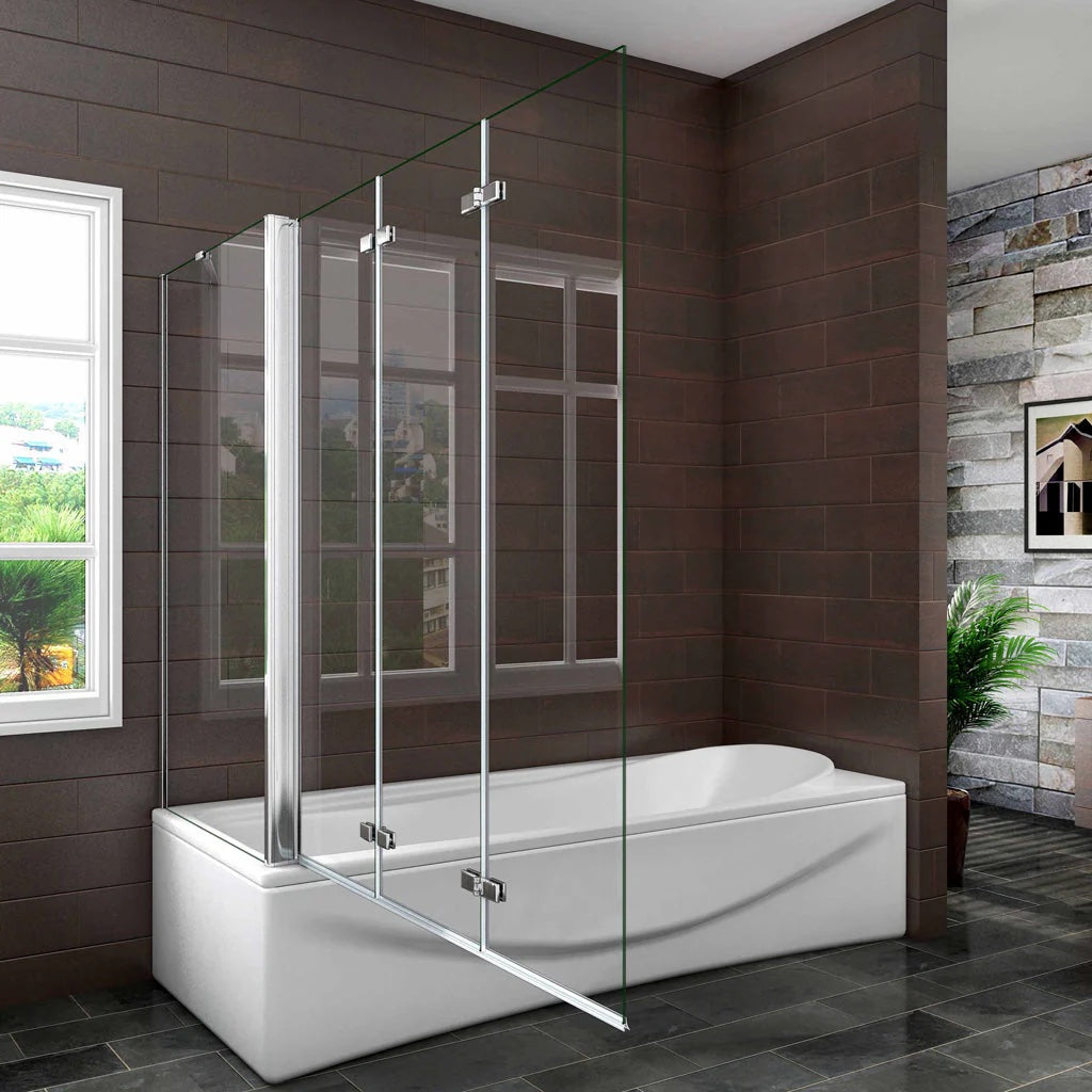 AICA vanová zástěna skládací VS3E-13SPVS2E, 3-dílná chrom s bočním panelem, NANO 6mm čiré sklo EasyClean, rozměry 130x140 cm, otočná montáž (doleva/doprava), bezpečnostní sklo, moderní zástěna do vany, vzpěra 600mm, česká koupelna