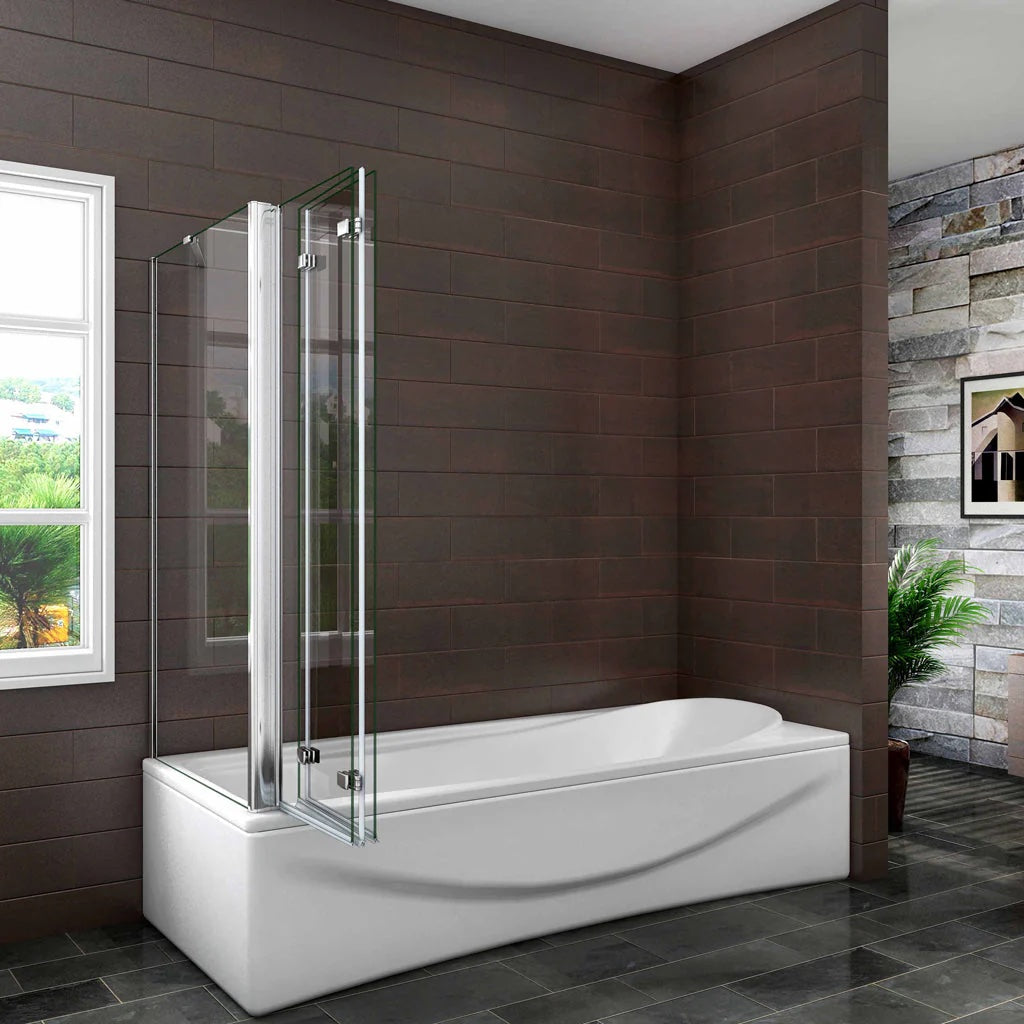 AICA vanová zástěna skládací VS3E-13SPVS2E, 3-dílná chrom s bočním panelem, NANO 6mm čiré sklo EasyClean, rozměry 130x140 cm, otočná montáž (doleva/doprava), bezpečnostní sklo, moderní zástěna do vany, vzpěra 600mm, česká koupelna