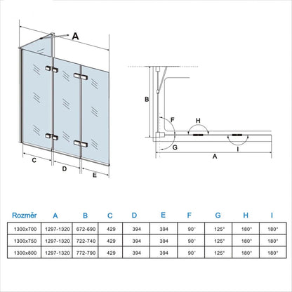 AICA vanová zástěna skládací VS3E-13SPVS2E, 3-dílná chrom s bočním panelem, NANO 6mm čiré sklo EasyClean, rozměry 130x140 cm, otočná montáž (doleva/doprava), bezpečnostní sklo, moderní zástěna do vany, vzpěra 600mm, česká koupelna