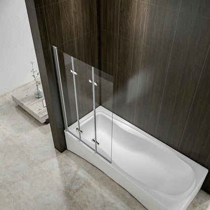 AICA vanová zástěna skládací VS3E-13, chromová 3-dílná sprchová clona s NANO sklem 6mm, rozměr 130x140 cm, otočná montáž vlevo/vpravo, bezpečnostní sklo EasyClean, moderní dělení koupelny, vanová clona s hliníkovým profilem