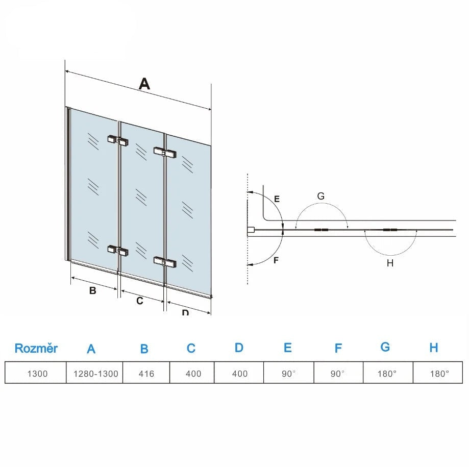 AICA vanová zástěna skládací VS3E-13, chromová 3-dílná sprchová clona s NANO sklem 6mm, rozměr 130x140 cm, otočná montáž vlevo/vpravo, bezpečnostní sklo EasyClean, moderní dělení koupelny, vanová clona s hliníkovým profilem