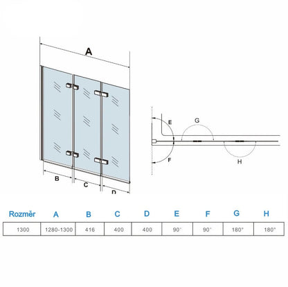 AICA vanová zástěna skládací VS3E-13, chromová 3-dílná sprchová clona s NANO sklem 6mm, rozměr 130x140 cm, otočná montáž vlevo/vpravo, bezpečnostní sklo EasyClean, moderní dělení koupelny, vanová clona s hliníkovým profilem