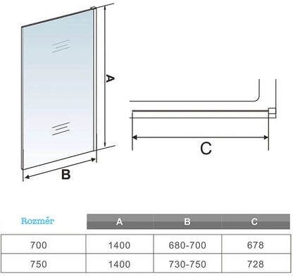 AICA vanová zástěna pevná - Technický nákres