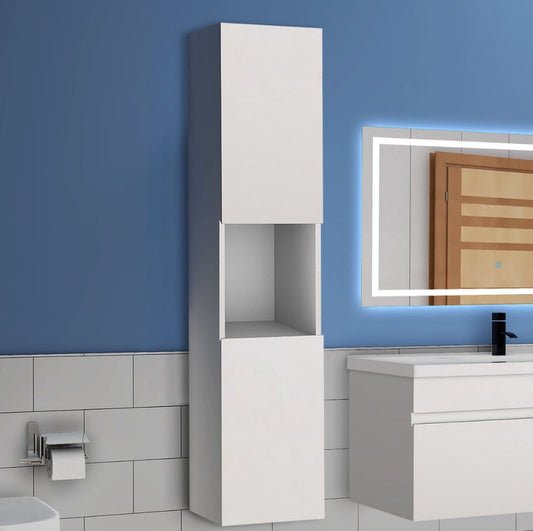 AICA vysoká koupelnová skříňka 130 cm – bílá nástěnná skříňka s Soft Close, úložný prostor do koupelny. Moderní koupelnový nábytek z MDF, skříňka na ručníky, kosmetiku a doplňky. Praktická závěsná skříňka s tichým zavíráním, levý/pravý montážní systém.